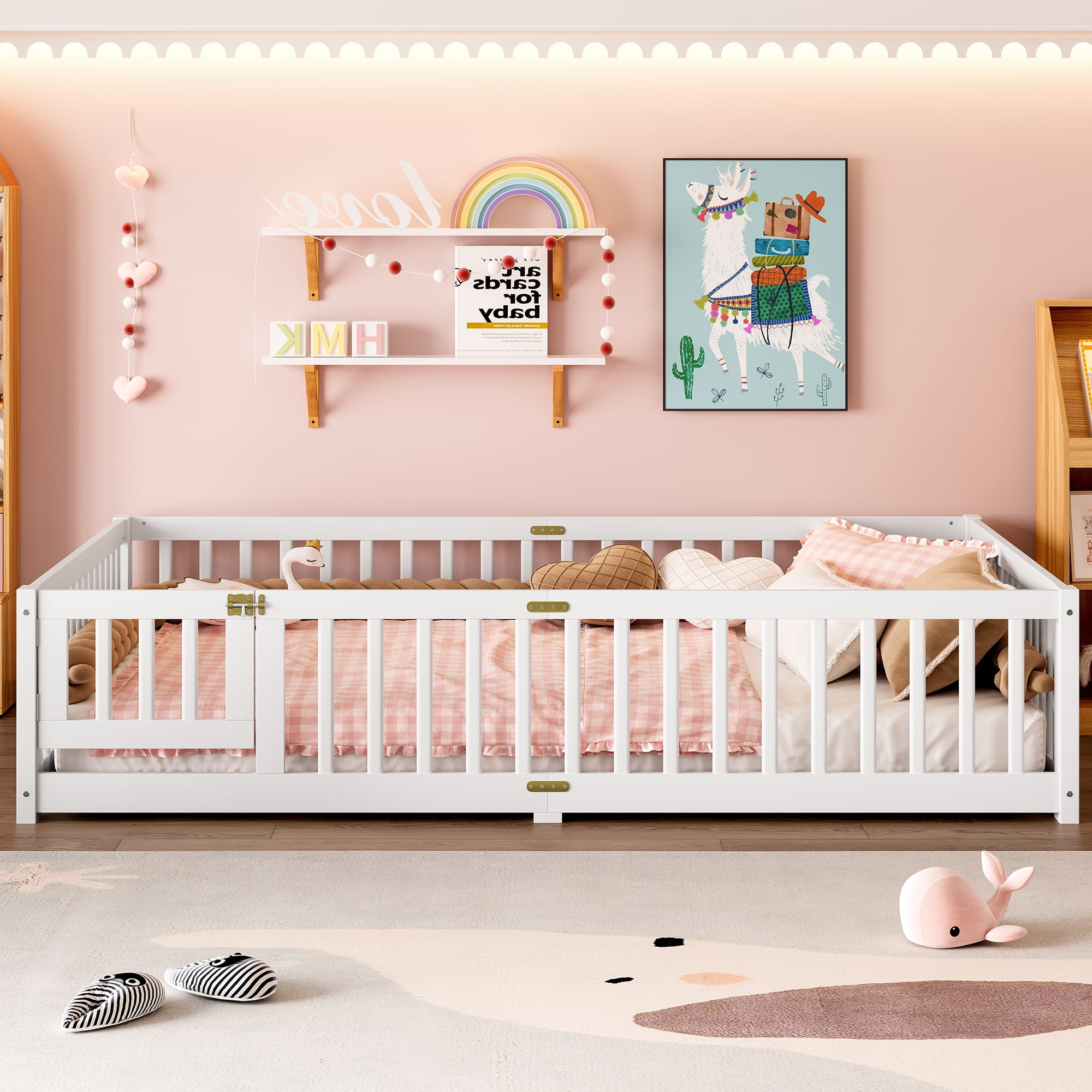 Jopath Queen Size Floor Bed Frame,Montessori Bed with Guardrails and Door,with Slatted Base,for Kids,Boys,Girls,White