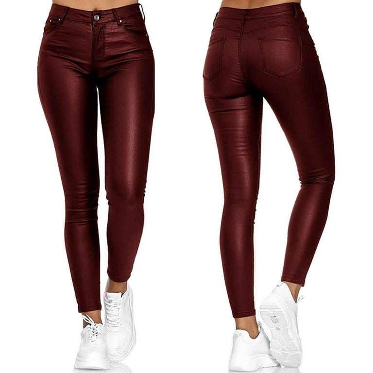 Women's Skinny Leather Pants High Waisted Stretch Pull On Ankle Pants  Casual Slim Fit Leggings Tights with Pockets