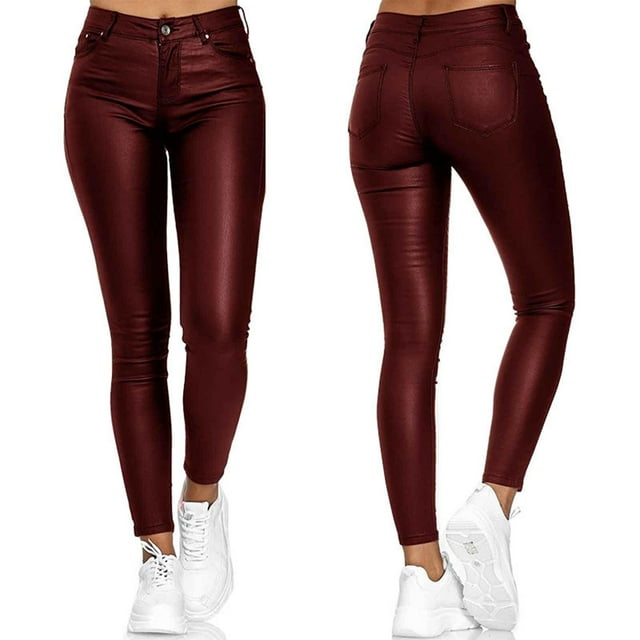 Puntoco moda mujer sólido Casual bolsillos botón alta cintura imitación cuero pantalones largos Puntoco Puntoco-7188