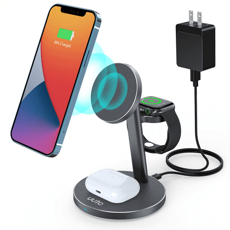 UUTO 3-in-1 Aluminum Alloy Magnetic Wireless Charging Station, Mag-safe Charger Stand Compatible for iWatch, Airpods 3/2/Pro, iPhone 13/12, 13/12 Pro, 13/12 Pro Max, 13/12 Mini(Incloud QC 3.0 Adapter)