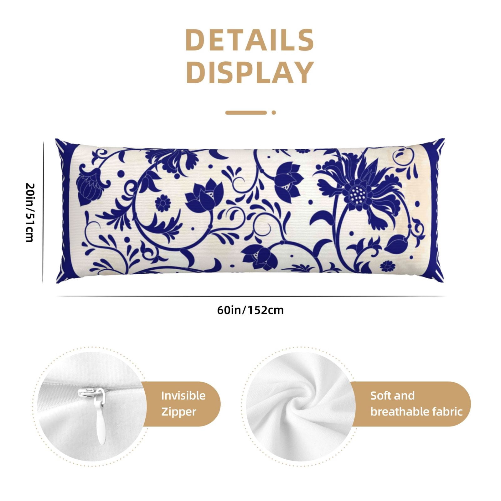 Naloa Blue And White Porcelain Pattern Super Soft 20x60 Body Pillow Case,Long Side Hidden Zipper（PILLOWS ARE NOT INCLUDED）