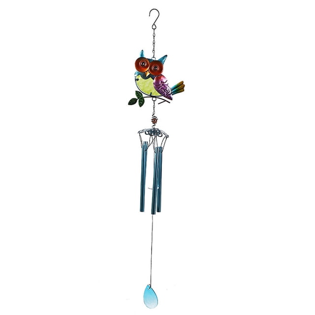 Adornos de búho de hierro y vidrio pintados, carillón de viento para jardín, patio, manualidades, colgante