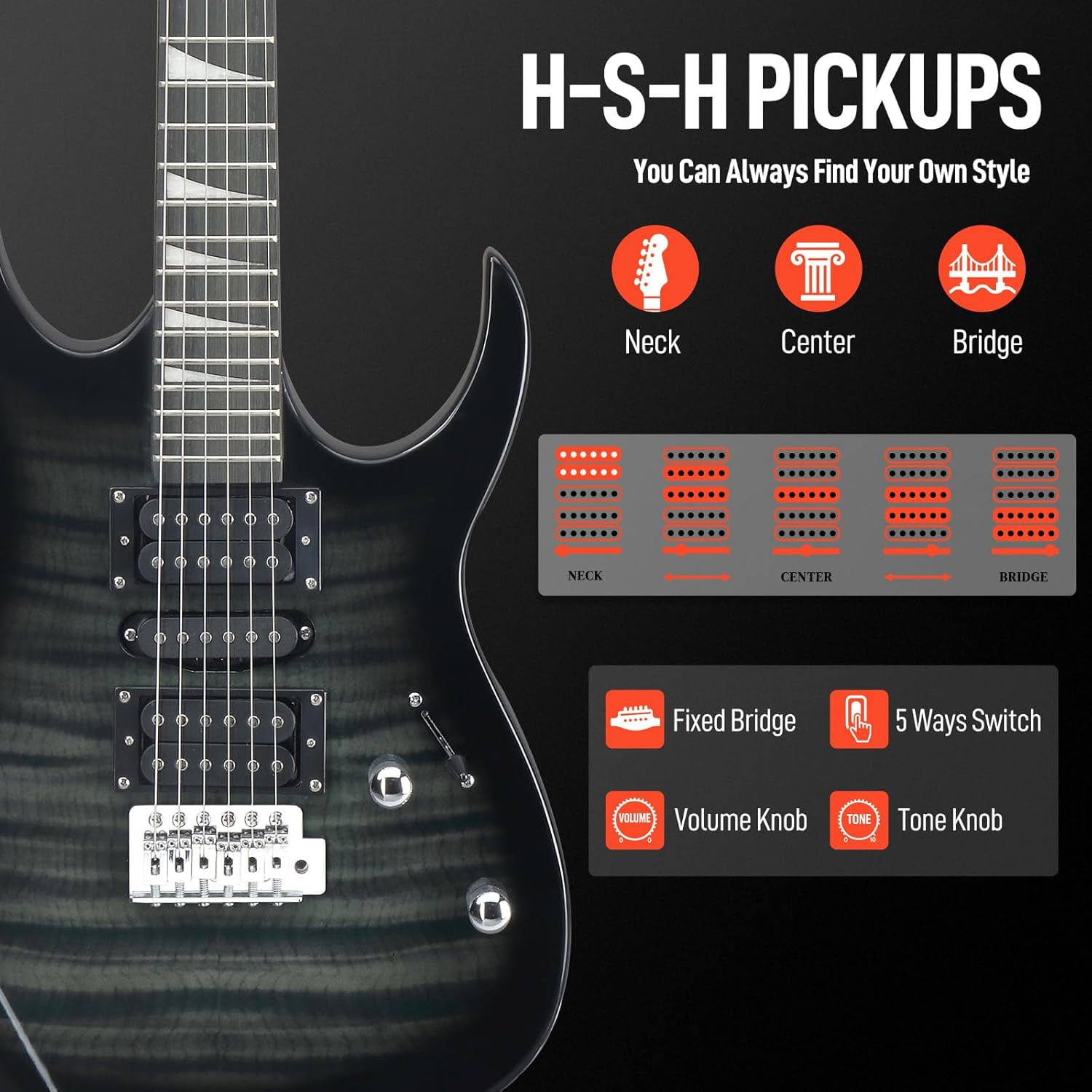 HarmonyStrings 39" Electric Guitar with 20Watt Amp, Full Size 170 Model Starter Guitar Kit for Beginners & Professionals W/Bag, Strap, Upgrade Cable, Guitar Capo, Tremolo Arm Tiger Black