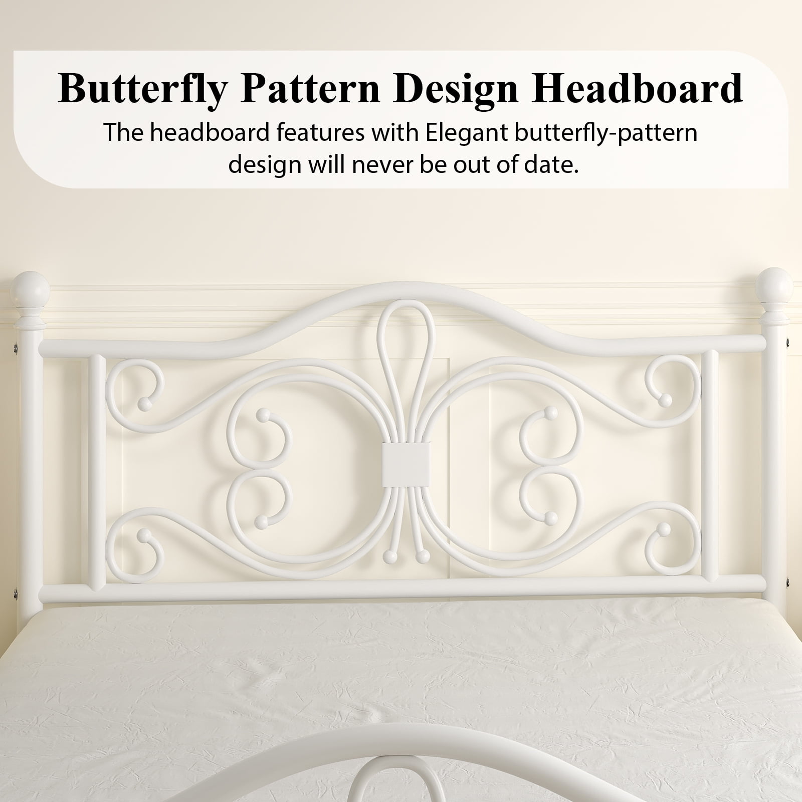 EBERY Full Size Metal Bed Frame with Butterfly Pattern Design Headboard & Footboard, Underbed Storage, White