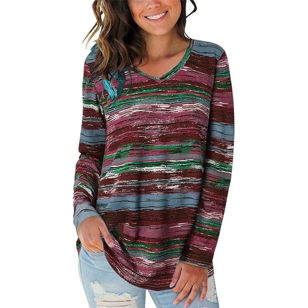 Qarigey Camiseta de mujer Otoño Impreso Cuello en V Top Top Blusa informal de manga larga Prendas para la parte del cuerpo Vino rojo XXL