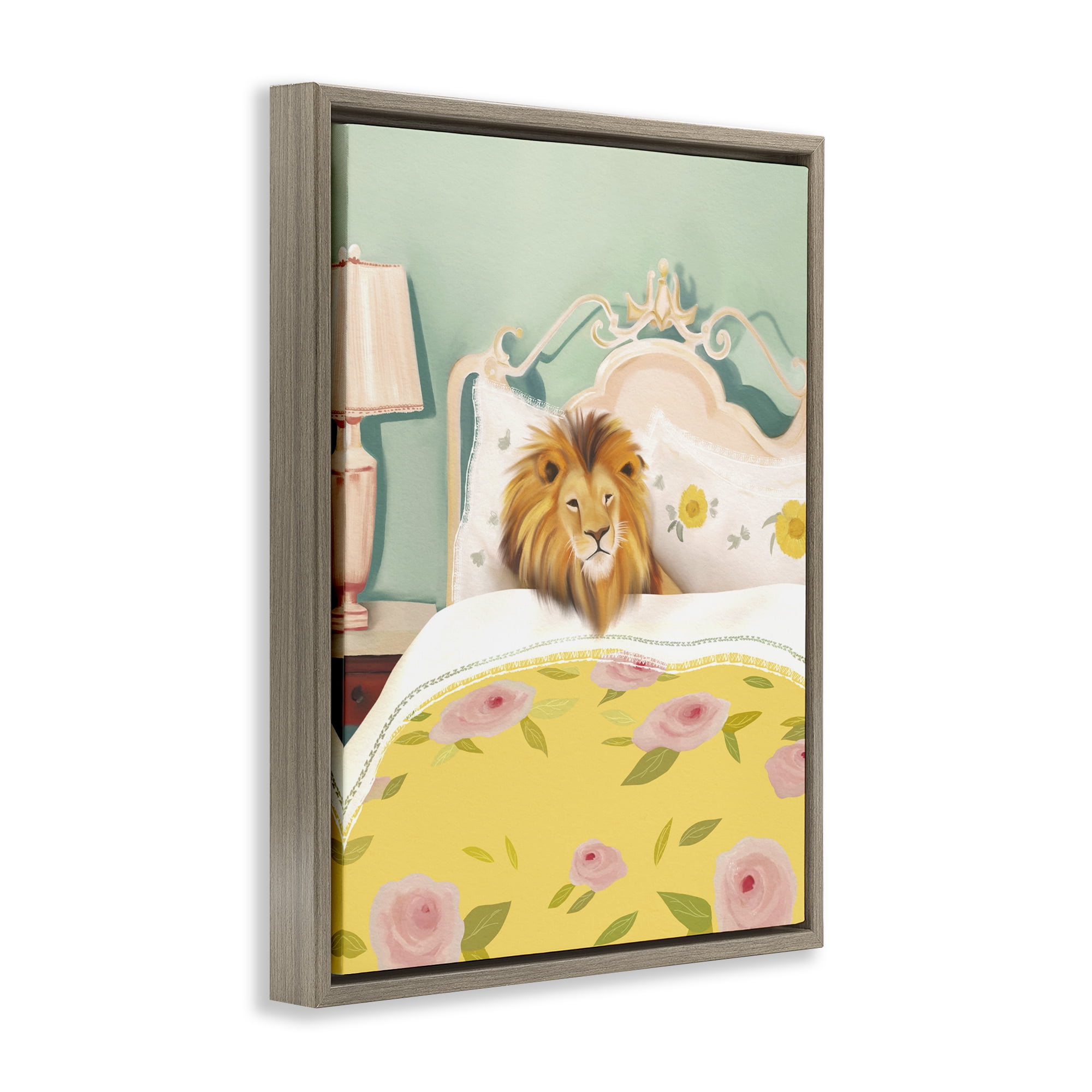 Good Morning Lion in Bed Brown Framed Floater Canvas Wall Art, design by Leah Straatsma