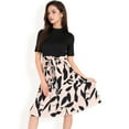 thumbnail image 3 of Women's High Neck Short Sleeve Dress with Contrast Leaf Print A-Line Skirt and Tie Waist- Black,Medium, 3 of 6