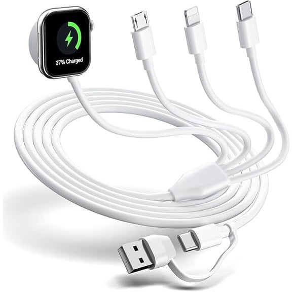 Multi Charging Cable 4 in 2 for Apple Watch Charger i-Phone,Travel 4 in 2 Watch & Phone Charger with iOSPorts/Type C/Micro USB Port Compatible with iWatch/iPhone 16 15/Galaxy Android-6FT