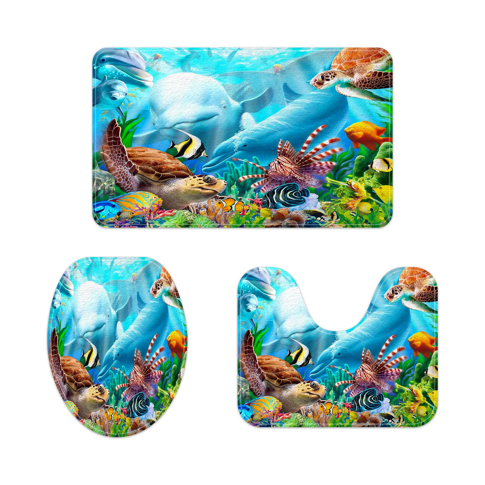 Tropical Ocean Bathroom Mat,Dolphin Sea Turtle Blue Ocean Underwater