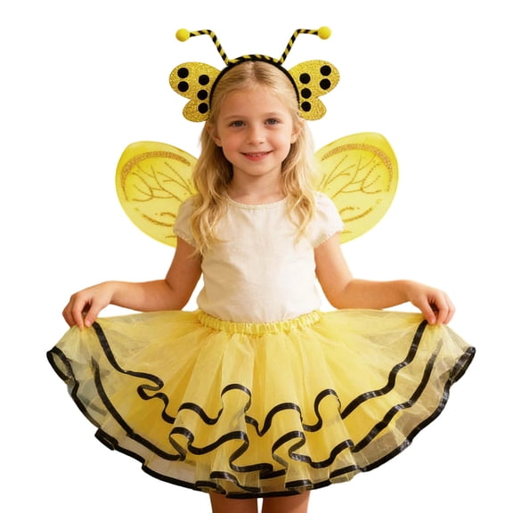 JAJAHO Kids Bee Dress Up Outfits For Girl Tutu Mesh Layered Mini Skirts With Wings Hairband 3 Piece Set For Party Performance Soft Dresses