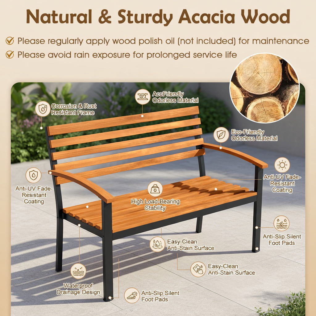 Hommoo Acacia Wood Outdoor Patio Loveseat Bench with Backrest & Armrests, Two-Person Garden Seating for Backyard, Deck, or Balcony, Black