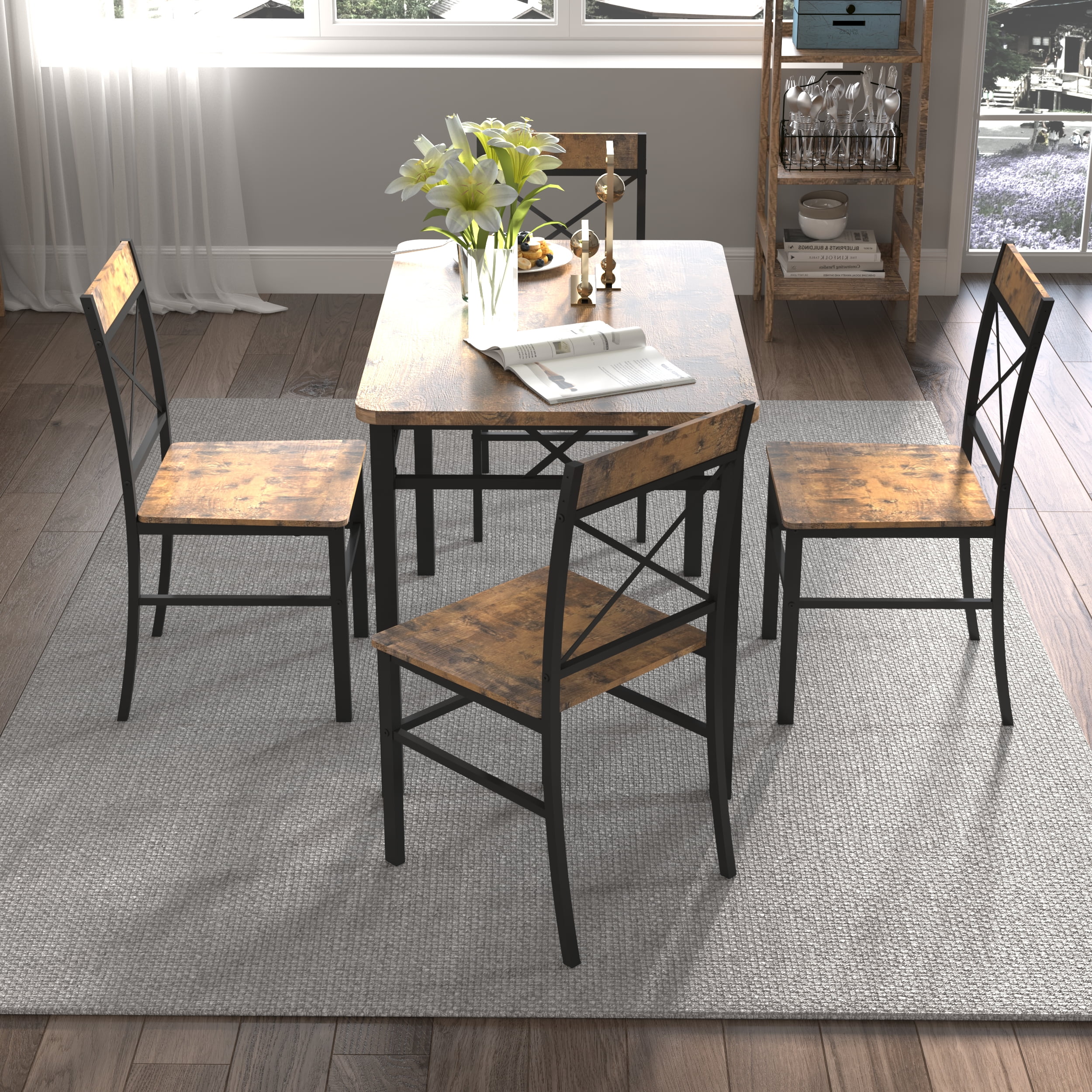 Yoneston 5-Piece Dining Table Chair Set, 43" Rectangular Kitchen Table with 4 Chairs for Breakfast Nook, Home Dining Room Pantry Canteen Café, Brown