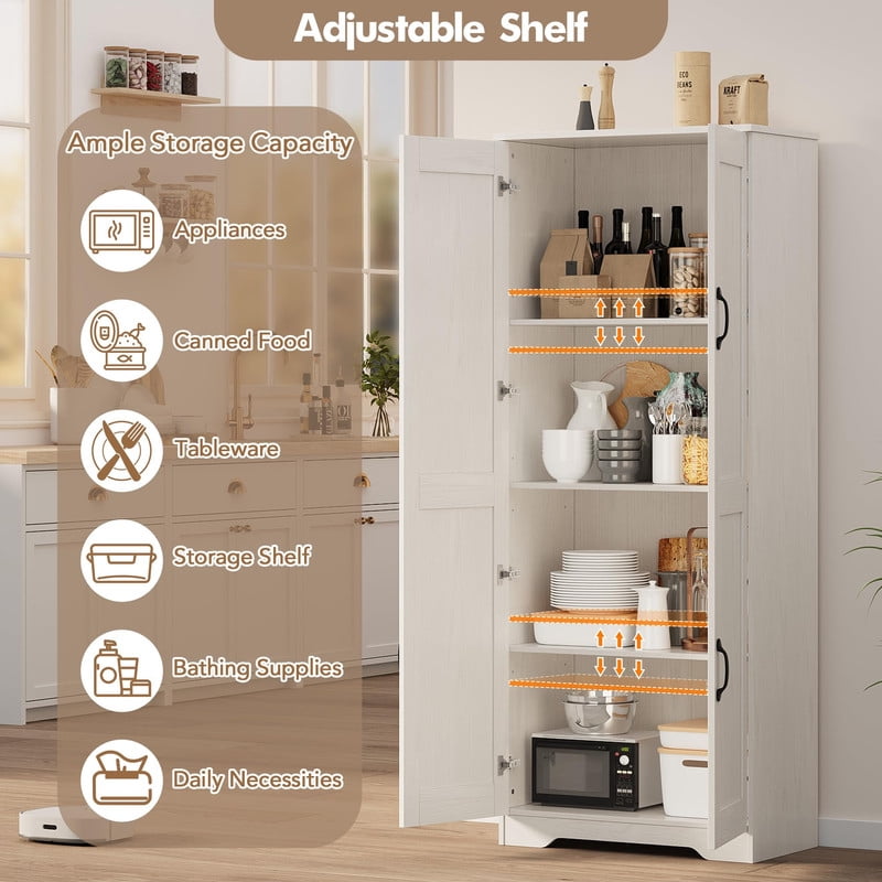 TROPOW Tall Pantry Cabinet, 60" Kitchen Storage Cabinet with 2 Doors & Adjustable Shelves, Freestanding Wooden Cupboard for Bathroom，Dining Room, Living Room