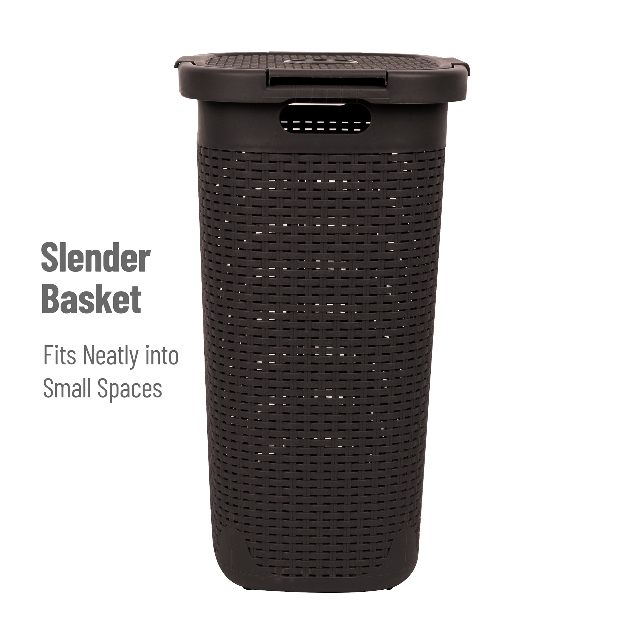 Mind Reader 60L Slim Laundry Hamper, Clothes Basket, Lid, Wicker Style, Plastic, 17.65"L x 13.75"W x 24.15"H, Set of 2, Brown