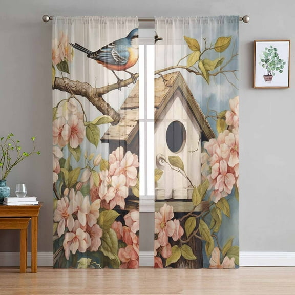 Farmhouse Birdhouse, Semi Sheer Curtains 72 Inch Length 2 Panels Set, Vintage Spring Flower Plant Leaves Sheer Kitchen Curtain Privacy Voile Window Curtain for Living Room Bedroom Rod Pocket Drapes