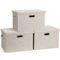 thumbnail image 2 of Large Quart Collapsible Stackable Storage Bins with Lids 3 Packs Beige Linen Fabric Closet Boxes with Lids Storage Cube Baskets Container Organizers for Bedroom Office 16.6 x 11.7 x 10.8, 2 of 7