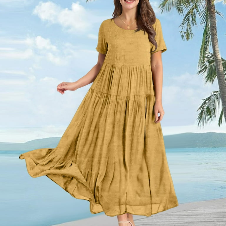 WTOBBY Women's Summer Dress Casual Loose Long Beach Vacation Dresses Short  Sleeve Solid Color, Easy and Breezy for Daily Wear,Yellow 2XL - Walmart.com