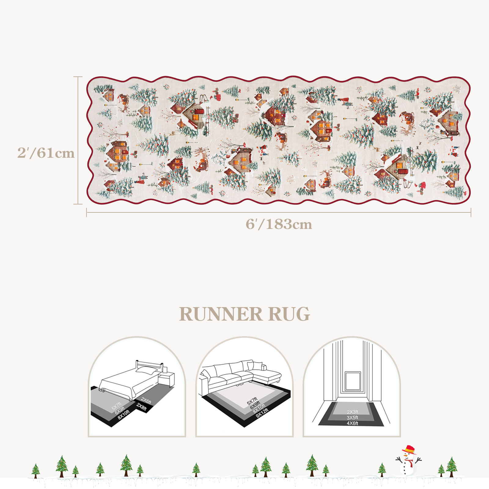 Wonnitar Christmas Runner Rugs, 2x6 Beige Kitchen Rug Washable Non Slip, Soft Ultra-Thin Christmas Tree Santa Claus Holiday Decor Runner Carpet for Hallway Bathroom Bedside