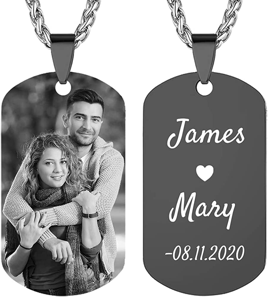 HANRU Personalized Custom Photo Picture Text Engraved Stainless Steel Dog Tags Necklace Message