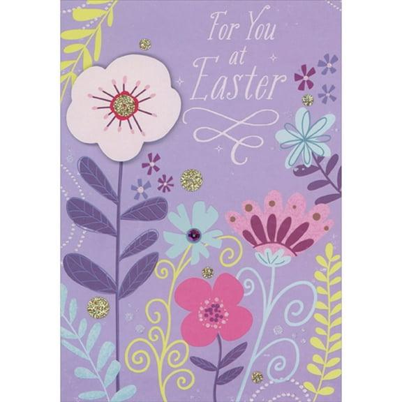 Designer Greetings White 3D Die Cut Flower with Gold Glitter Center on Tall Purple Stem and Sequins on Light Purple Easter Card