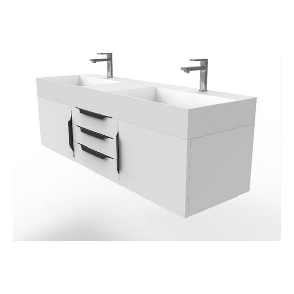 Amazon 60" White Wood Floating Vanity with White Top and Black Trim