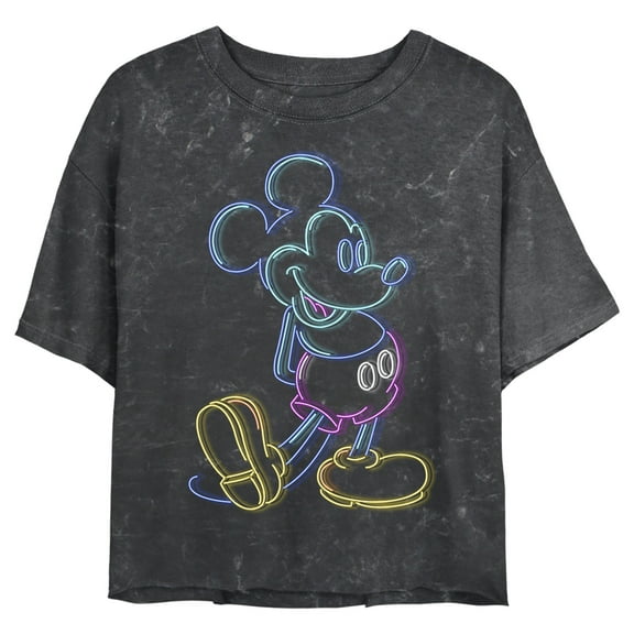 Junior's Mickey & Friends Bright Neon Mickey Mouse Outline Crop Graphic Tee Black Small
