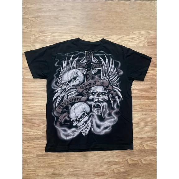 Men's Gothic Biker Skull Wings Cross Graphic Short Sleeve T-Shirt