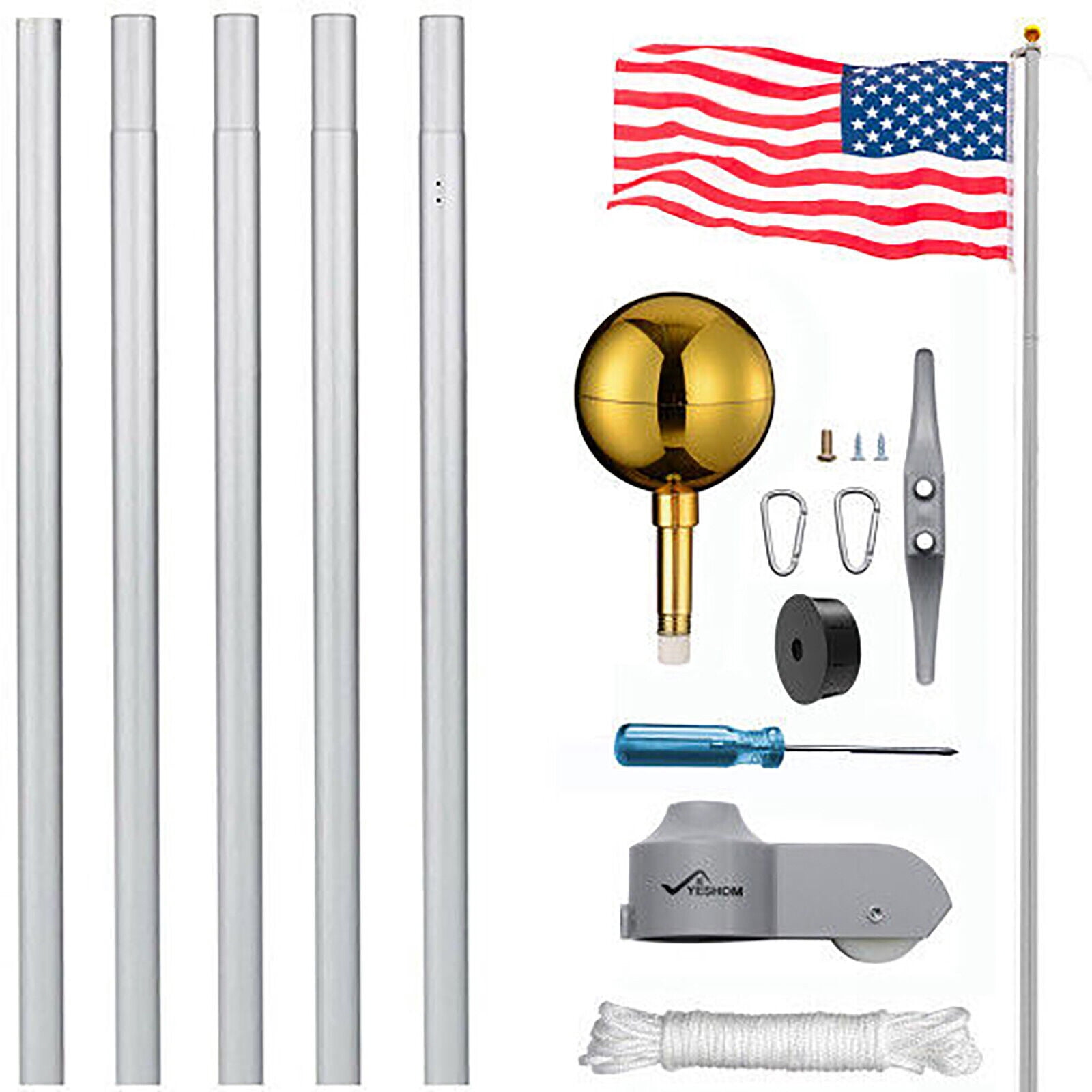 20 ft Aluminum Flag Pole Sectional Flagpole Kit Heavy Duty 3'x5' US Flag, Silvery