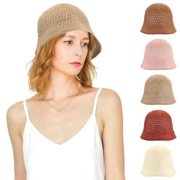 Deago Women Cotton Bucket Hat Handmade Crochet Knit Foldable Summer Beach Sun Hat Fashion Cute Fishing Hat (Caramel)
