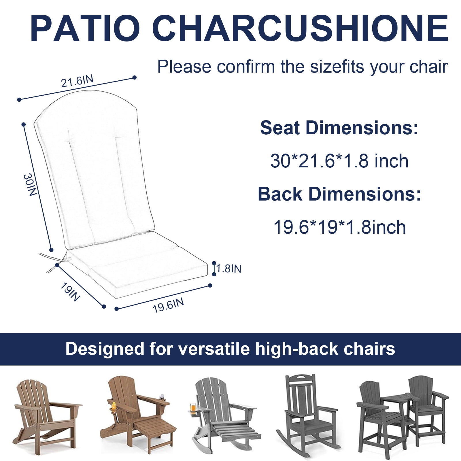 Outdoor Adirondack Chair Cushion, 50”x20” High-Back Rocking Chair Pad, Waterproof Patio Furniture Cushion for Indoor & Outdoor Use