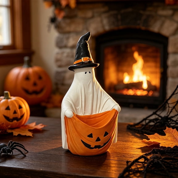 Clearance Under $8 White Ghost Candy Bowl Figurine – Resin Halloween Storage Statue with Pumpkin Basket Tray for Tabletop Decor, 1-Pack
