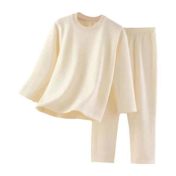 AWZXDE Kids Long Sleeve Pajama Set Solid Color Round Neck Loungewear for Boys and Girls Comfortable Home Sleepwear Beige,8-9 Years