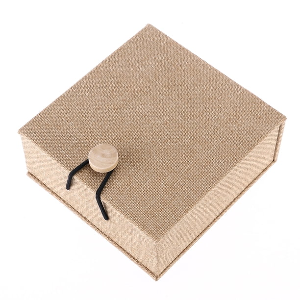 Caja de regalo de joyería de madera Caja de pulsera de lino rústico Soporte de caja de portador de brazalete con cierre de madera (Caqui)