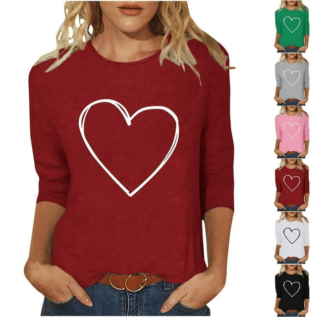 Qetyuw Hauts à Manches 3/4 pour Femmes, T-Shirts Décontractés à Col Rond, T-Shirts Graphiques avec Cœur d'Amour, Grande Taille, T-Shirt de la Saint-Valentin