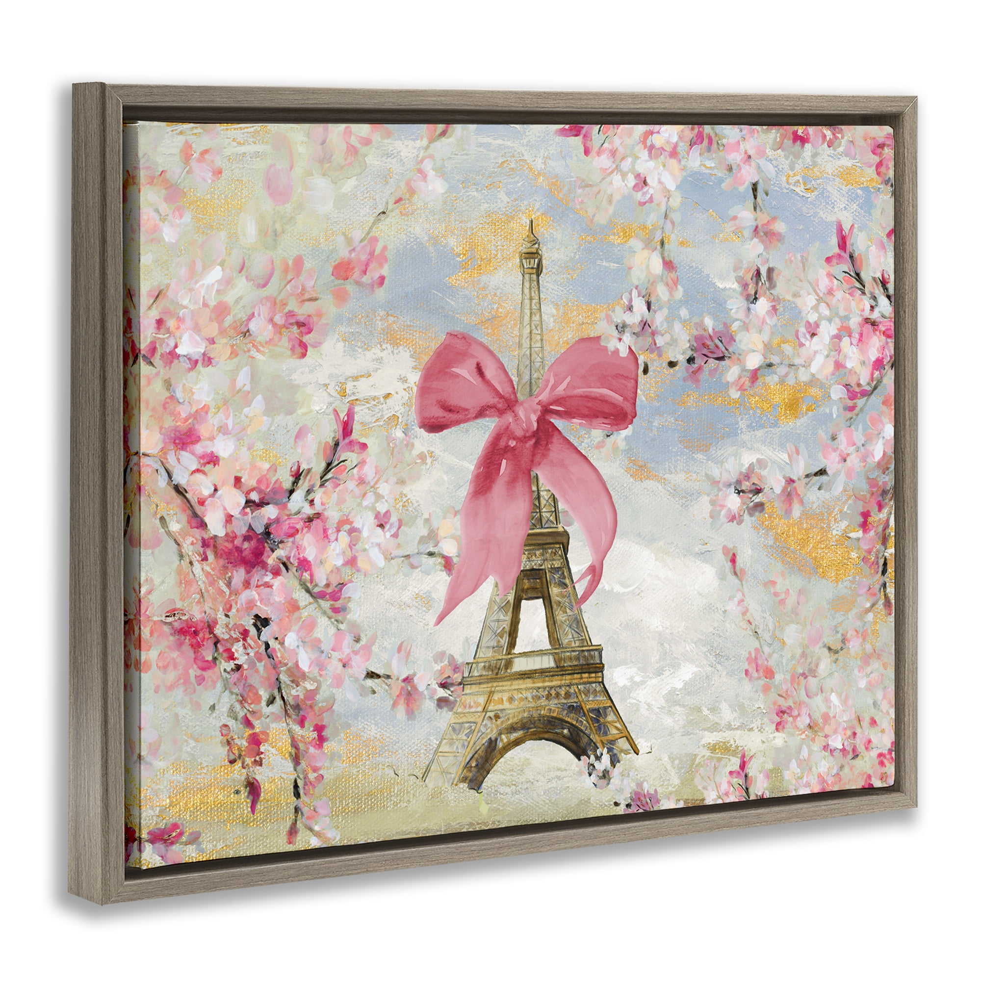 Stupell Industries Eiffel Tower on Cherry Blossoms Fashion Painting Brown Floater Framed Canvas Art Print Wall Art, 31 x 25