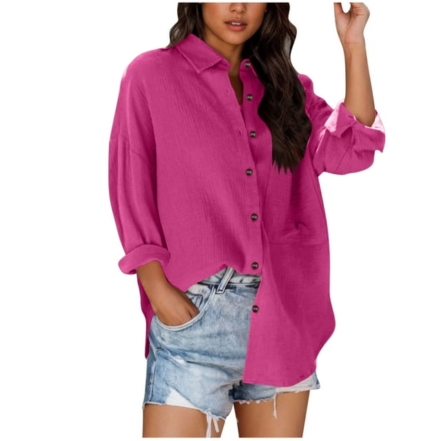 Tqyyweavej Womens Long Sleeve Button Down Shirts Casual Collared Loose Fit Shirt Solid Lightweight Summer Fall Tops