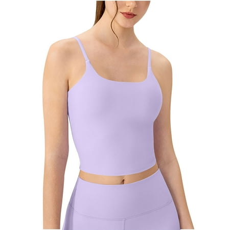 hotojiny Workout Tops for Women Sleeveless Spaghetti Strap Padded Sports Bra Tee Solid Scoop Neck Slim Stretch Yoga Crop Tops