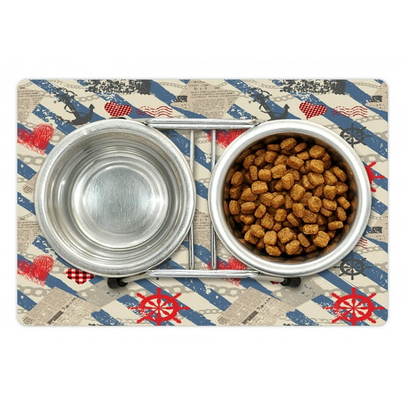 Nautical Pet Mat for Food and Water, Sea Graphic with Grunge Distressed Diagonal Forms and Stripes Marine Nautical, Non-Slip Rubber Mat for Dogs and Cats, 18" X 12", by Ambesonne