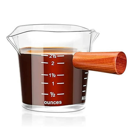 

Oaktree Upgrade Thicker Espresso Glass 70/75ML Double Spout Mini Measuring Cup Espresso Accessories With Wooden Handle As A Dispenser For Coffee Milk Or Sauce