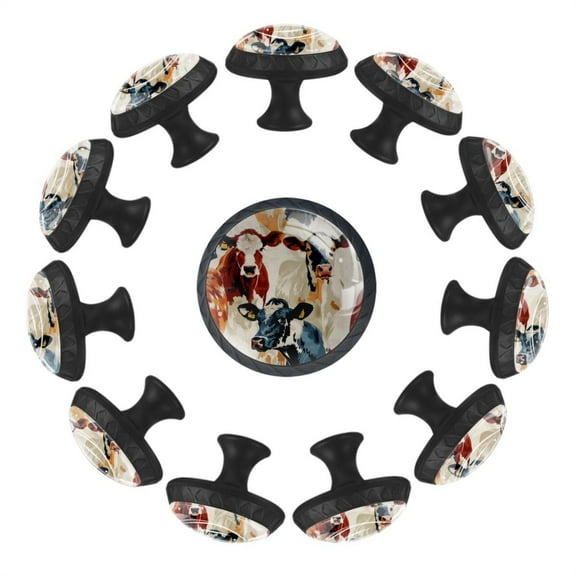 12 Pack Cupboard Knobs Crystal Clear Glass Cabinet Pulls, Round Knobs With Screws, Dresser Drawers Wardrobe Furniture Knobs Farmhouse Cow Aesthetic Pattern