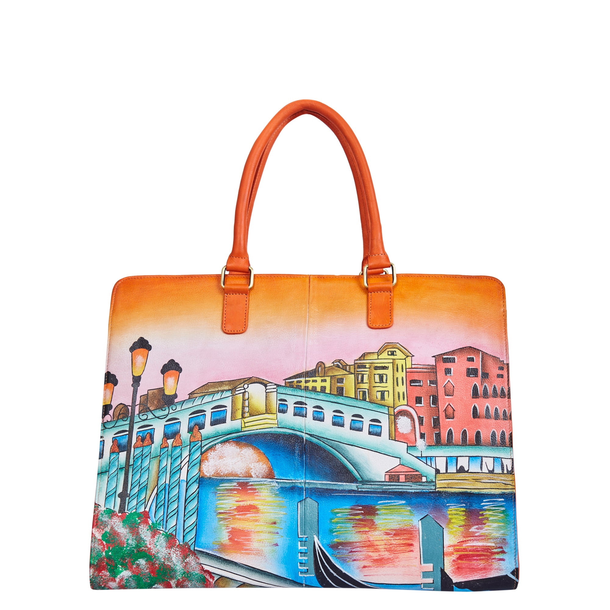 Sishka Womens Venice Cityscape Hand-Painted Leather Ladies Bags – Elegant Orange Business Briefcase, Stylish Laptop Shoulder Bag