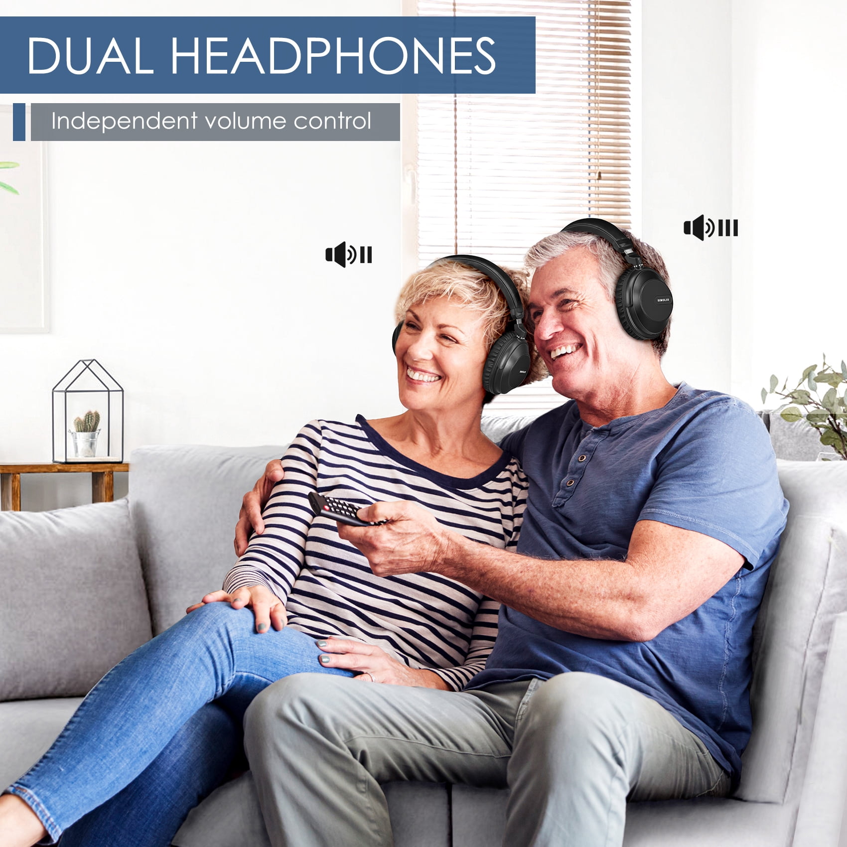 Simolio Dual Wireless Headphones for TV, 100ft Working Range, No Pairing, No Audio Delay, for Seniors, SM-737D2 (New)