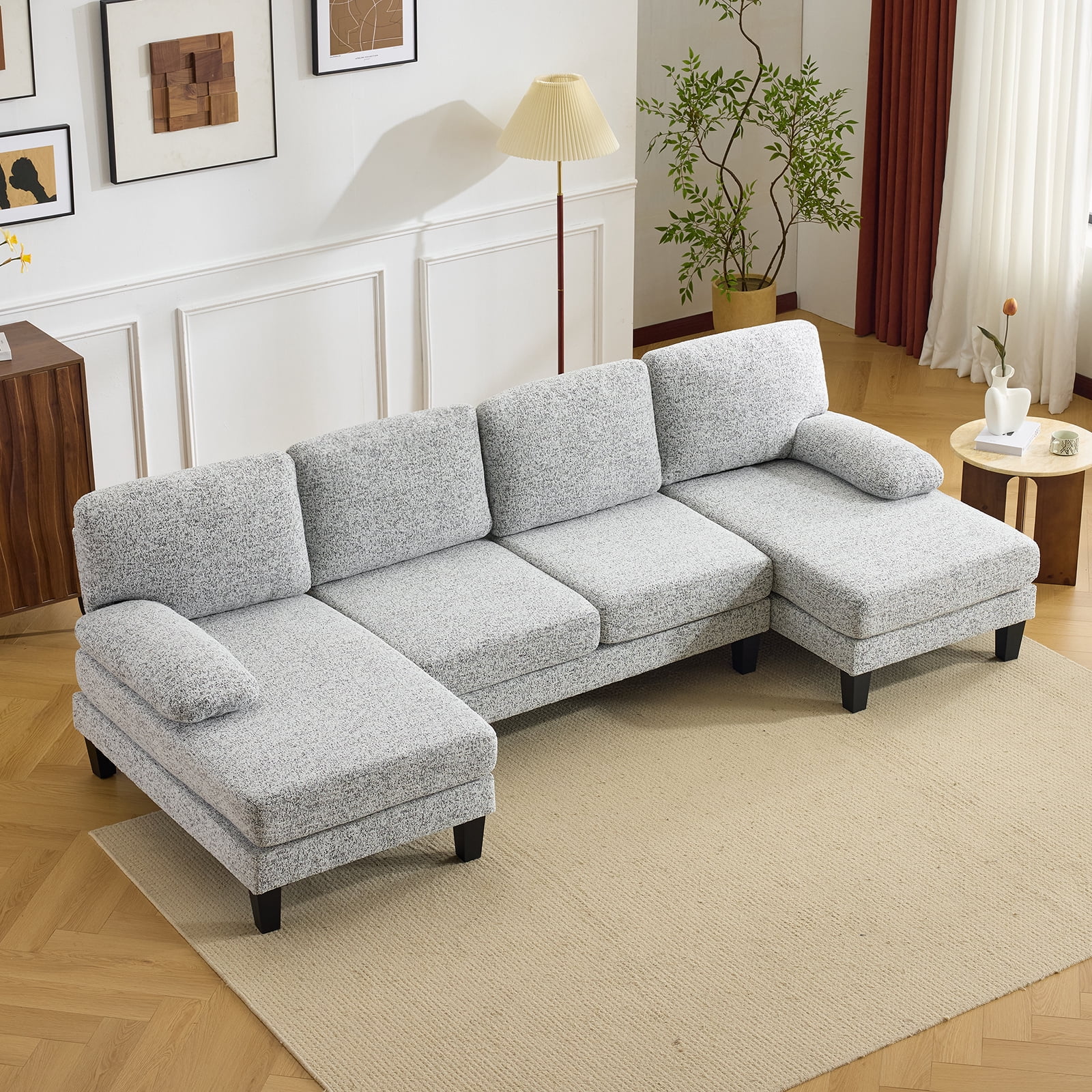 U-Shaped Sectional Sofa with 2 Short Chaise Lounges, 4 Seater Indoor Chenille Fabric Combination Couch, Plastic Legs, Living Room Furniture