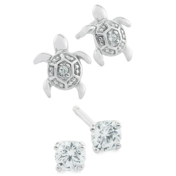 Marisol & Poppy CZ and Turtle Studs Set in Sterling Silver for Women, Teen, Unisex
