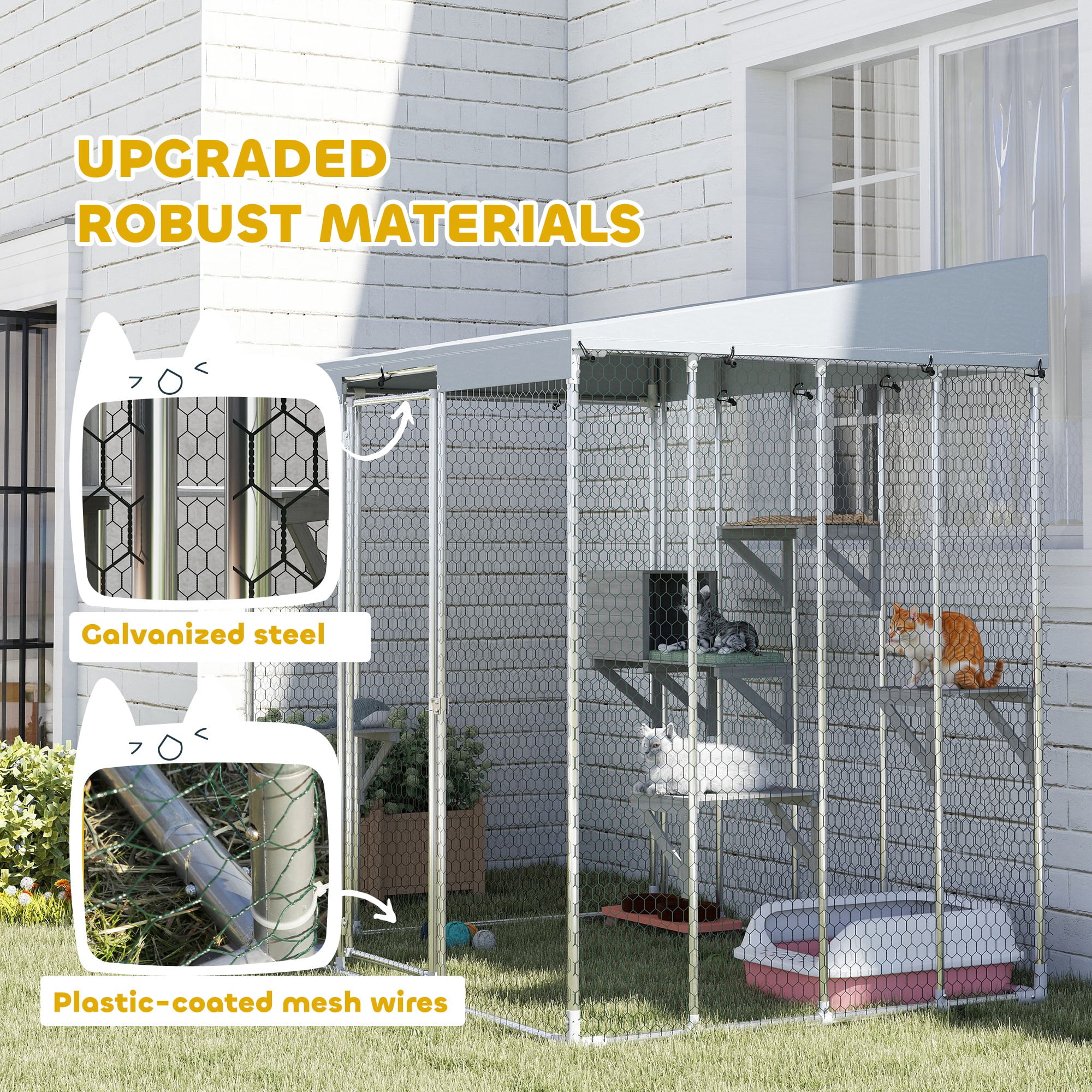 PawHut Large Catio Outdoor Cat Enclosure, Galvanized Steel Outdoor Cat House with 420D Waterproof Canopy for 1-3 Large Cat, Walk-in Cat Cage, Silver