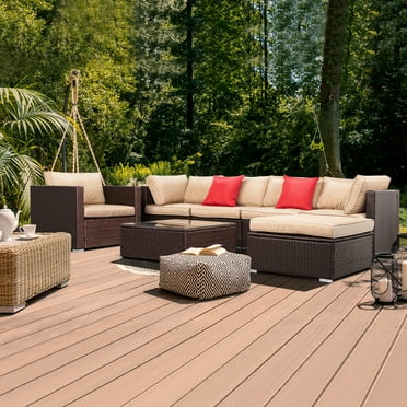Ktaxon 7 Pieces Outdoor Sectional PE Rattan Sofa Set, Wicker Sectional Set, Patio Set for All Weather w/ Cushion, Brown