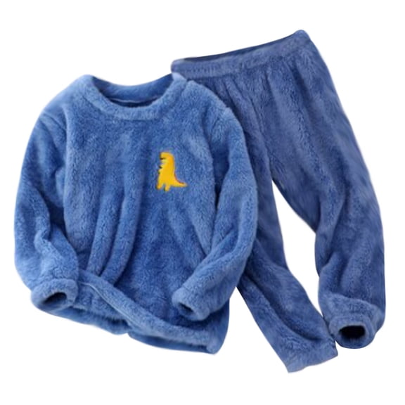 Odeerbi Toddler Boys Girls Winter Fleece Pajamas Kids Dinosaur Plush Thermal Warm Sleepwear Fall Winter 2 Piece Loungewear Pajama Set Blue