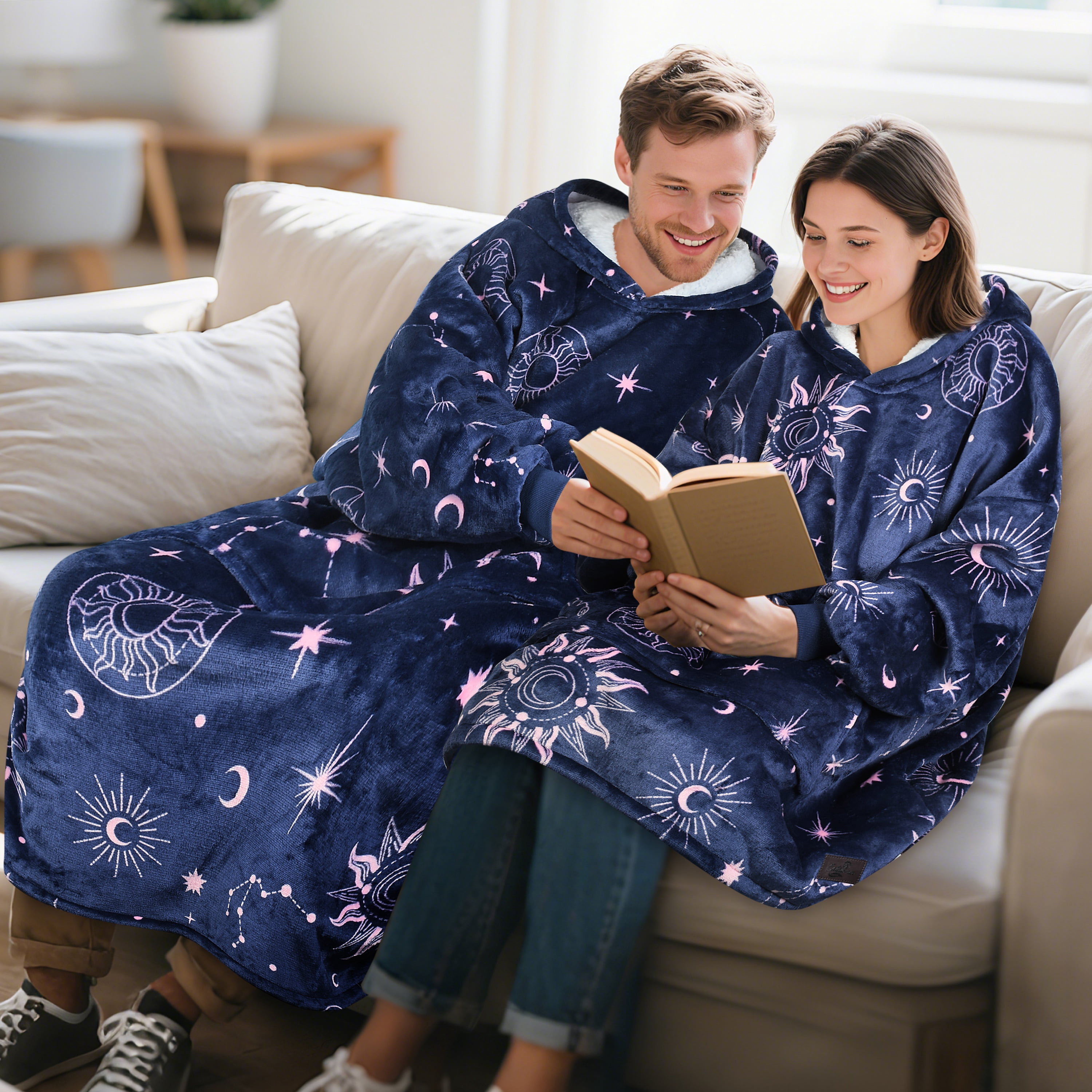 Catalonia Oversized Hoodie Blanket Sweatshirt, Comfortable Sherpa Lounging Pullover for Adults, Gifts for Women, Astrology Navy