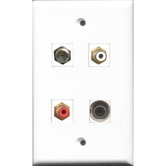 RiteAV 1 Port RCA Red and 1 Port RCA White and 1 Port Coax Cable TV- F-Type and 1 Port 3.5mm Wall Plate
