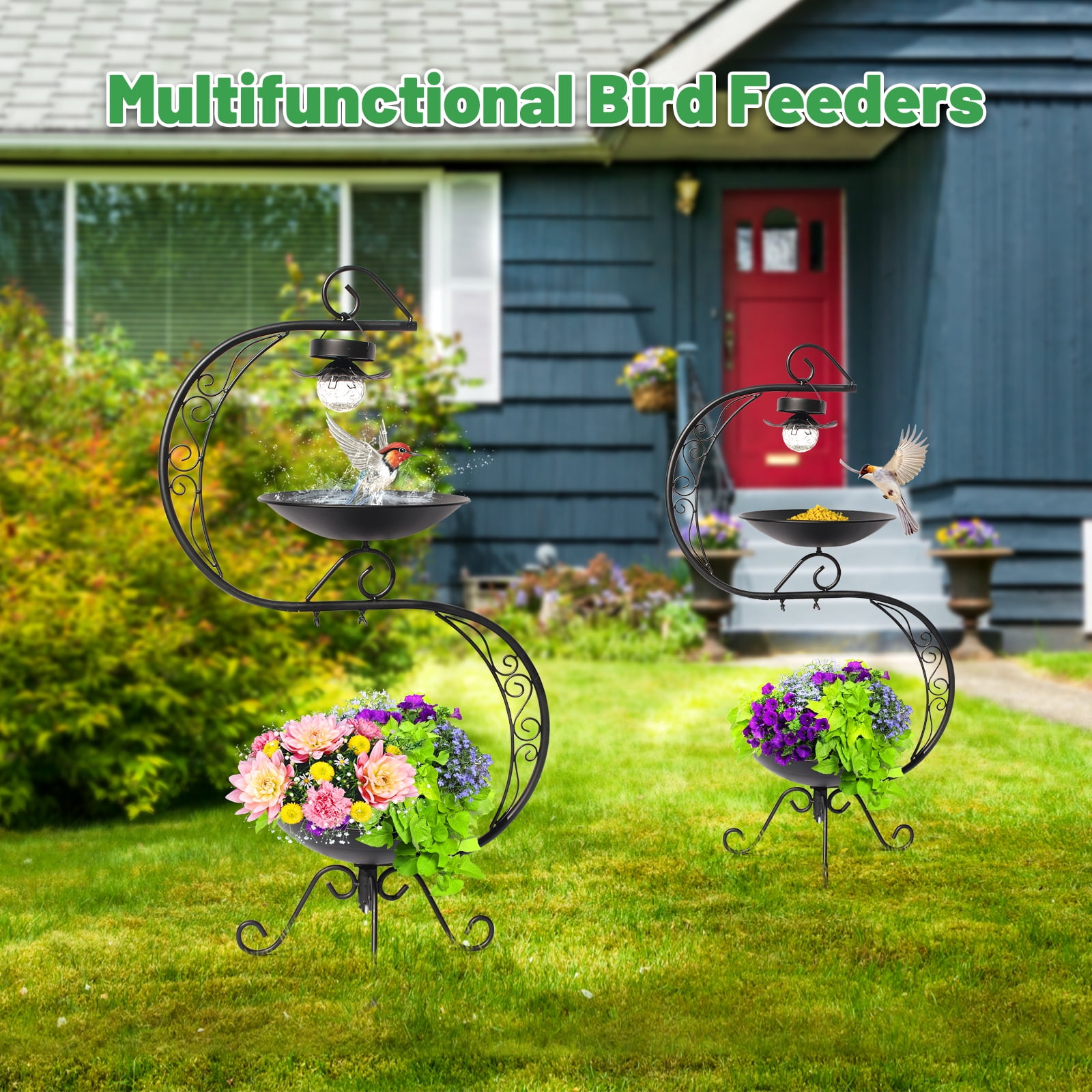 HONGLAND 36" Vintage Cast Iron Bird Bath with Solar Lights & Feeder, Weather-Resistant Outdoor Garden Decor for Hummingbirds
